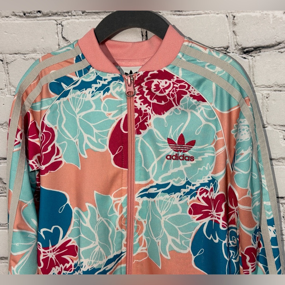 Adidas Pink and Blue Bomber Jacket with Floral Design Size XS (7/8) - Picture 2 of 7